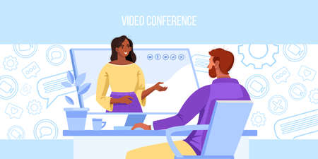 Video conference and call vector illustration with man working at home, computer screen, icons. Virtual meeting with female tutor online. Video conference background with people learning in internetのイラスト素材