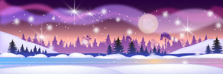 Christmas winter landscape with forest silhouette, frozen river, night sky, stars. Horizontal northern background with snow, aurora borealis, moon, pine trees. Winter vector landscape in blue, violetのイラスト素材