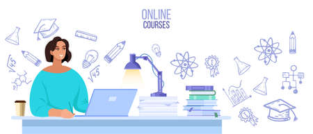 Online university or school vector illustration with student learning in internet at home. Virtual education or courses concept with woman, laptop, books. Online university banner with science doodlesのイラスト素材