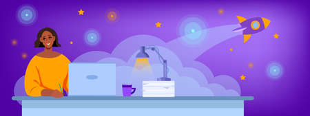 Online education and freelance vector illustration with young black woman working at home in...