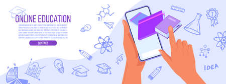 Online education or training vector concept with hands, smartphone screen, science doodle icons. Internet school or university courses banner design.Online education vector flat illustration with bookのイラスト素材