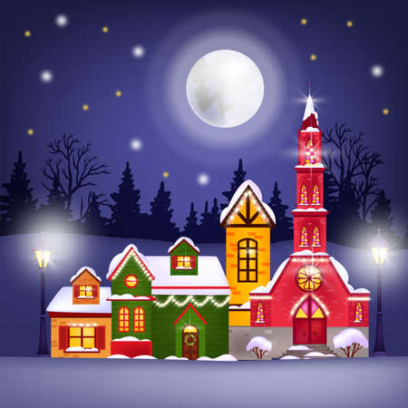 Christmas winter vector illustration with holiday houses, full moon, night sky, stars, forest silhouette. X-mas postcard with church, decorated village street with snow. Christmas houses with garlandのイラスト素材