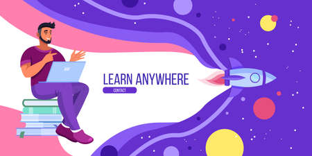 Online education and webinar vector concept with student, laptop, books, space, rocket. Virtual training or courses banner with successful freelancer. Online school or university education backgroundのイラスト素材