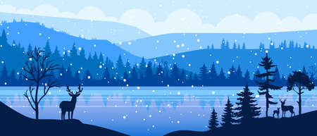 Winter panoramic vector landscape with snow, reindeer, hills, forest outline, frozen lake. Christmas holiday background with pines silhouette, river, mountains. X-mas winter landscape with north viewのイラスト素材
