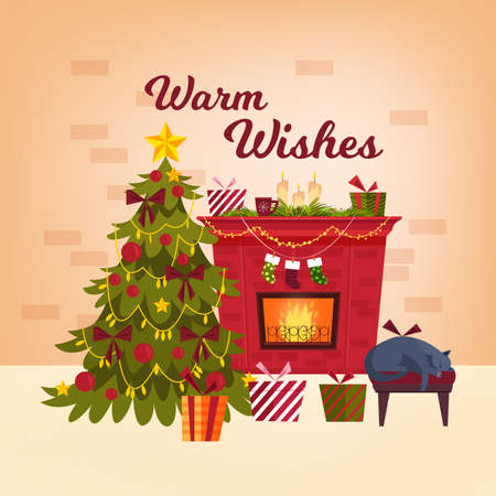 Christmas house interior postcard with brick chimney, decorated x-mas fir tree, sleeping cat, presents. Winter holiday room with red fireplace, stockings, gifts. Christmas indoor interior illustrationのイラスト素材