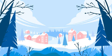 Winter holiday vector landscape with snow, pine trees silhouette, village in drifts, hills. Christmas holiday background with small town, forest, clouds. Winter panoramic landscape with buildingsのイラスト素材