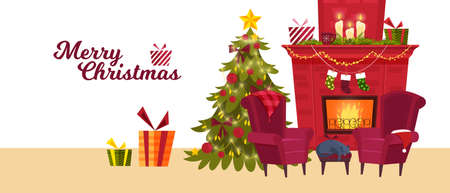 Decorated Christmas room interior with fireplace, x-mas tree, sleeping cat, presents, red armchair. Winter holiday background with chimney, gift boxes, garlands, candles. Christmas room vector bannerのイラスト素材