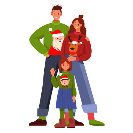 Christmas family holiday illustration with happy mother, father, daughter in x-mas funny sweaters. Cheerful cartoon people isolated on white. Christmas family clipart with husband, wife, childのイラスト素材