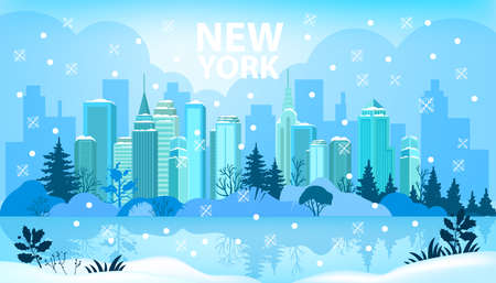 Winter Christmas vector city landscape with New York skyscrapers, snow, lake, pine tree. Holiday x-mas metropolis view with high buildings exterior, snowdrifts, sky. Winter city outdoor urban postcardのイラスト素材