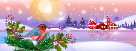 Christmas winter vector landscape with bullfinch, snowdrifts, little houses, frozen lake, winter sun, forest. X-mas holiday nature background with red bird, lights,fir branches.Winter landscape bannerのイラスト素材
