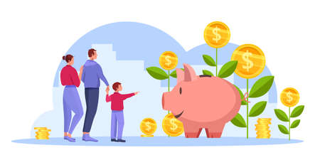 Income growth or return on investment revenue vector concept with happy successful family, money plants. Profit increase economic illustration with piggy bank, coins. Income growth cartoon bannerのイラスト素材