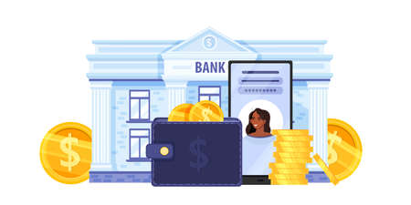 Online digital bank and e-wallet finance vector concept with building facade, stacked coins, smartphone. Digital transaction or internet payment cartoon illustration. Online banking or tax app designのイラスト素材