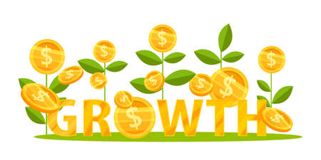 Income growth or revenue increase business vector finance concept with dollar coin plants going up. Return on investment or money profit illustration. Income growth economic logo clipart with dollarsのイラスト素材
