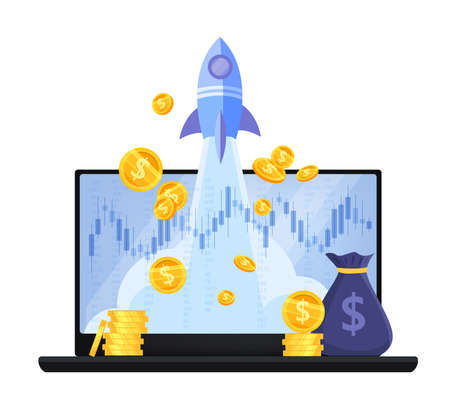 Revenue increase, income growth or return on investment money vector concept with laptop. Business finance or stock market illustration with launching rocket, coins stacks, bag. Income growth bannerのイラスト素材