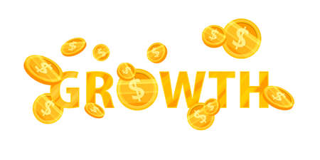 Income growth or revenue increase finance vector illustration with golden letters, flying dollar coins. Business profit or return on investment logo isolated on white. Income growth or money savingのイラスト素材