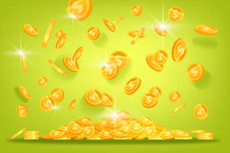 Golden dollar coins vector finance background with levitating shining money on green. Casino and lottery treasure or jackpot concept. Abundance,success or wealth illustration with flying golden coinsのイラスト素材