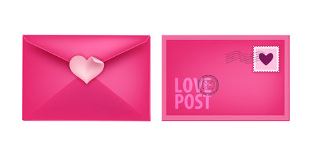 Valentineâs Day love closed vector envelope letter illustration, front and back sides. Holiday romantic mail clipart isolated on white. Valentineâs Day pink envelope with heart-shaped sticker, stampのイラスト素材