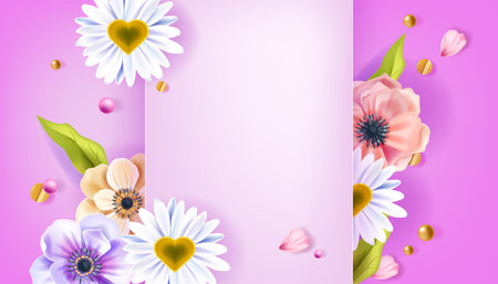 Valentineâs Day floral vector background or greeting card with anemone flowers, chamomile, green leaves. Motherâs Day illustration with petals.Holiday romantic Valentineâs Day or wedding greeting cardのイラスト素材