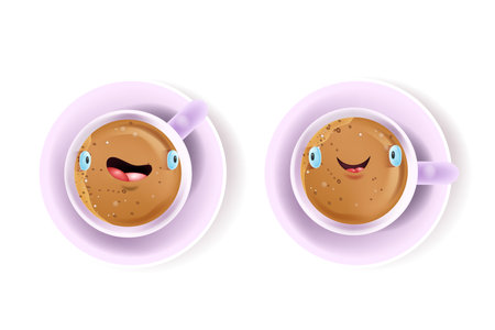 Vector happy love cup couple card with funny kawaii smiling faces, coffee, saucer isolated on white. Valentineâs Day cute breakfast concept with hot cocoa, latte. Love coffee top view illustrationのイラスト素材