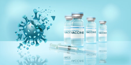Coronavirus vaccine lab pandemic concept with COVID-19 disease molecule destruction, syringe. Global virus spreading prevention background with medical vial. Coronavirus vaccine hospital illustrationのイラスト素材