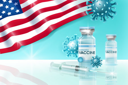 Coronavirus vaccine pandemic concept with medical syringe, USA flag, flask, vial, COVID-19 disease molecule.Health vector background with reflections. Coronavirus vaccine in United States illustrationのイラスト素材