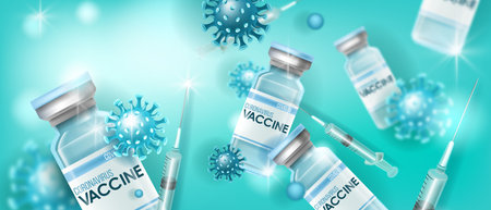 Coronavirus vaccine pandemic concept with syringe, medical vial, COVID-19 molecule on blue. Stop global disease spreading science background. Coronavirus vaccine treatment health vector illustrationのイラスト素材