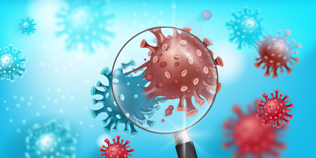 Coronavirus mutation vector background with COVID-19 molecules on blue under magnifier. Medical research or pandemic virus prevention banner with microscopic disease images. UK coronavirus mutationのイラスト素材