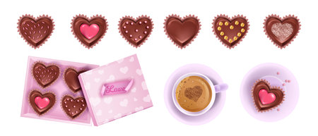 Valentines Day gift vector chocolate dessert collection with heart candies, opened box, coffee cup. Holiday romantic breakfast greeting sweet set with latte.のイラスト素材