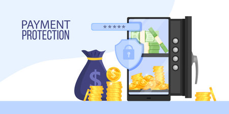 Mobile internet payment, online banking transaction data protection vector banner with safe, money bag. Financial security illustration with dollar coins, bills.のイラスト素材