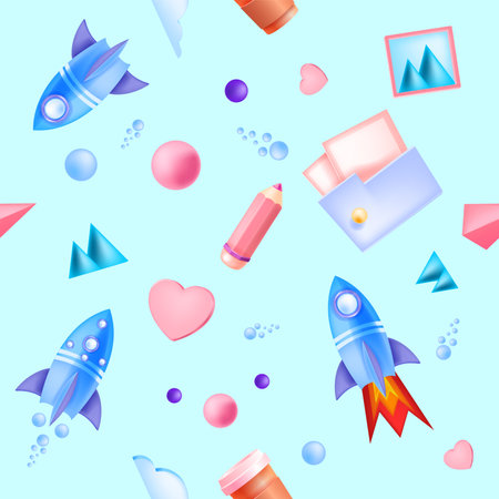 Online education, studying school kids vector seamless pattern with flying rocket ships, folder, pencil.Distance learning texture abstract background with coffee cup.のイラスト素材