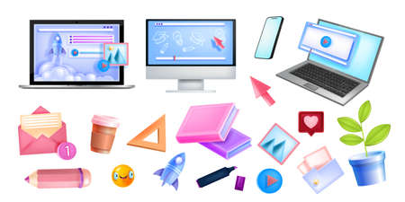Online education, freelance, school vector home office set with laptops, computer, stationery,...