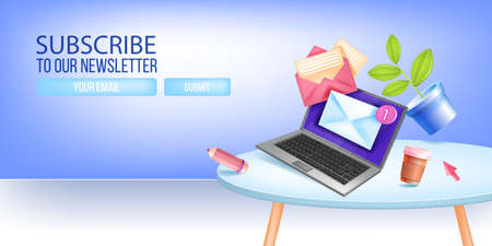 Newsletter subscribe vector banner, sign up email landing page, template with laptop, table, cup....