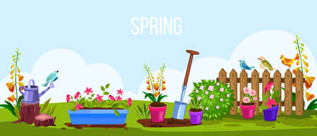 Spring garden vector cartoon nature backyard illustration, view with fence, flowerpots, birds, green meadow. Cartoon summer gardening floral landscape scene. Spring garden environment eco conceptのイラスト素材