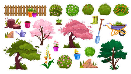 Spring garden nature vector cartoon icon set with flower pot, blossom trees, fence, flowers, bushes. Summer backyard green gardening collection, shovel, equipment. Spring garden environment objectsのイラスト素材