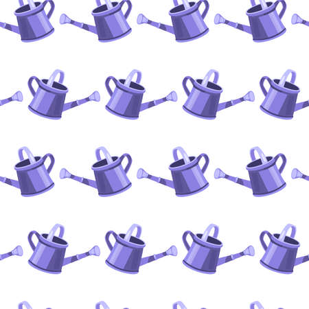 Violet watering can garden vector seamless pattern isolated on white, plants care loopable texture. Repeat minimalistic background with equipment, container. Watering can wrapping paper sparse designのイラスト素材