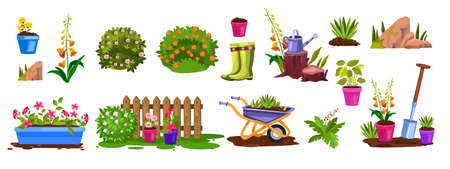Spring garden equipment nature vector icon set with bloom bushes, flowerpots, fence, seedling, stone. Summer agriculture rural backyard objects cartoon isolated collection. Garden backyard elementsのイラスト素材