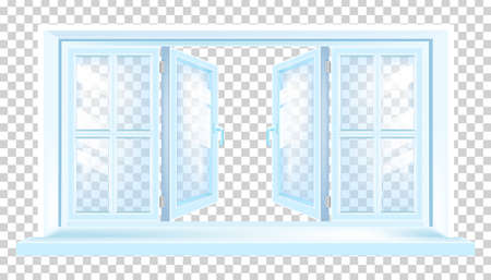 Opened house plastic window modern blue illustration on transparent background with sill, glass.のイラスト素材