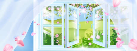 Opened plastic spring window vector background, petals, curtains, green hills, countryside view. Fresh rural air floral aroma breeze illustration, pink flowers, leaves. Opened window frame landscapeのイラスト素材
