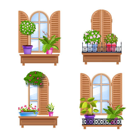 Old town vector window wooden vintage frames collection with shutters, sill, glass, house plants. Architecture street facade elements set with flowerpots, blossom isolated on white. Town window artのイラスト素材