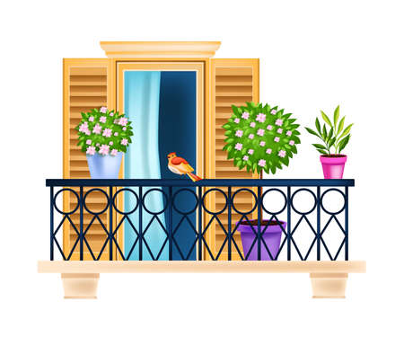 Vintage European balcony, city window front view vector illustration, house plants, shutters, rails, blossom. Street facade architecture object isolated on white. Vintage balcony, curtain, bird, rosesのイラスト素材