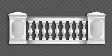 White marble balustrade, classic European architecture balcony, handrail front view on transparent background. Greek, roman palace railing, garden, backyard exterior object. Ancient marble balustradeのイラスト素材