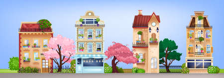 Vector house facades, vintage buildings street illustration with retro residential cottages, bloom trees. European old Victorian background with showcases, windows, rooftops. House facades front viewのイラスト素材