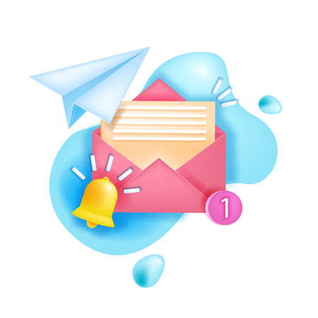 Vector new message notification, alert icon, sms notice, chat reminder, paper airplane, open envelope.のイラスト素材