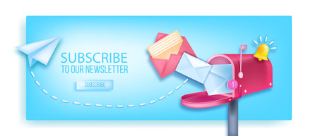 Subscribe to our newsletter vector 3D banner, open mailbox, paper airplane, notification bell, envelopes. Internet marketing, online business web page concept, button. Subscribe newsletter backgroundのイラスト素材