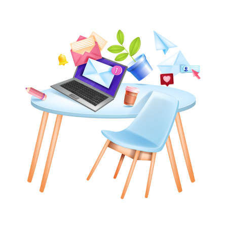Vector email digital business marketing web social media illustration, office workplace, table, laptop. Online communication, internet network concept, envelope. Subscribe newsletter email marketingのイラスト素材