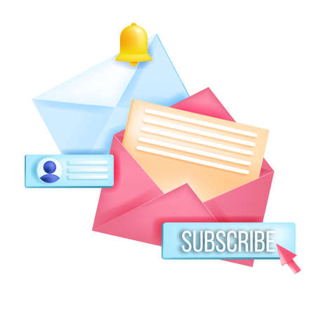 Subscribe newsletter, online email marketing isolated vector 3D concept, envelopes, notification bell. Social media postal internet illustration, button,profile. Subscribe newsletter message blog iconのイラスト素材