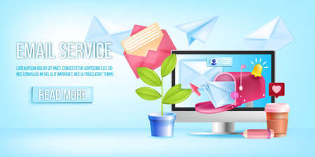 Email newsletter service banner, web page vector template, computer screen, mailbox, envelopes. Digital internet marketing mail background, SMM network business concept. Email service illustrationのイラスト素材