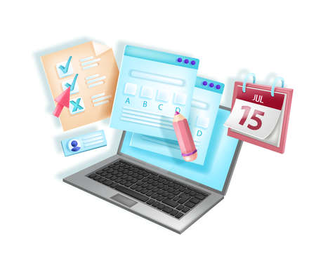 Online exam, vector web test e-learning illustration, laptop screen, pencil, calendar, checkbox, quiz form. School, university digital internet survey, application concept. Online exam, courses designのイラスト素材