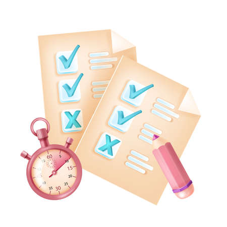 Online exam, vector internet test form, checkbox, mark, question list, timer, pencil. Digital remote survey, web poll, questionnaire isolated icon illustration. School, university courses online examのイラスト素材