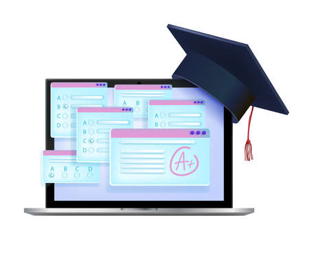 Online exam, internet vector test education illustration, laptop screen, graduation cap, highest grade. Digital e-learning concept, questionnaire app window isolated on white. Successful online examのイラスト素材